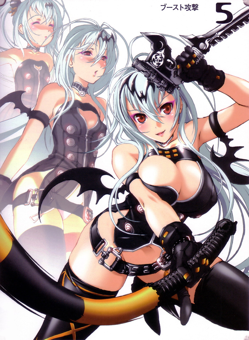 1girl age_progression albino alice_(queen's_gate) beltskirt breast_expansion breasts bursting_breasts cleavage cleavage_cutout flat_chest gun highres huge_breasts large_breasts nishii_(nitroplus) nitroplus no_panties older queen's_blade queen's_gate red_eyes thigh-highs weapon whip white_hair