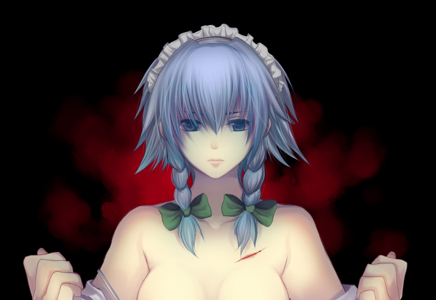 1girl bad_id blood blue_eyes bow braid cuts female hair_bow harano injury izayoi_sakuya off_shoulder out-of-frame_censoring scar silver_hair solo touhou twin_braids undressing