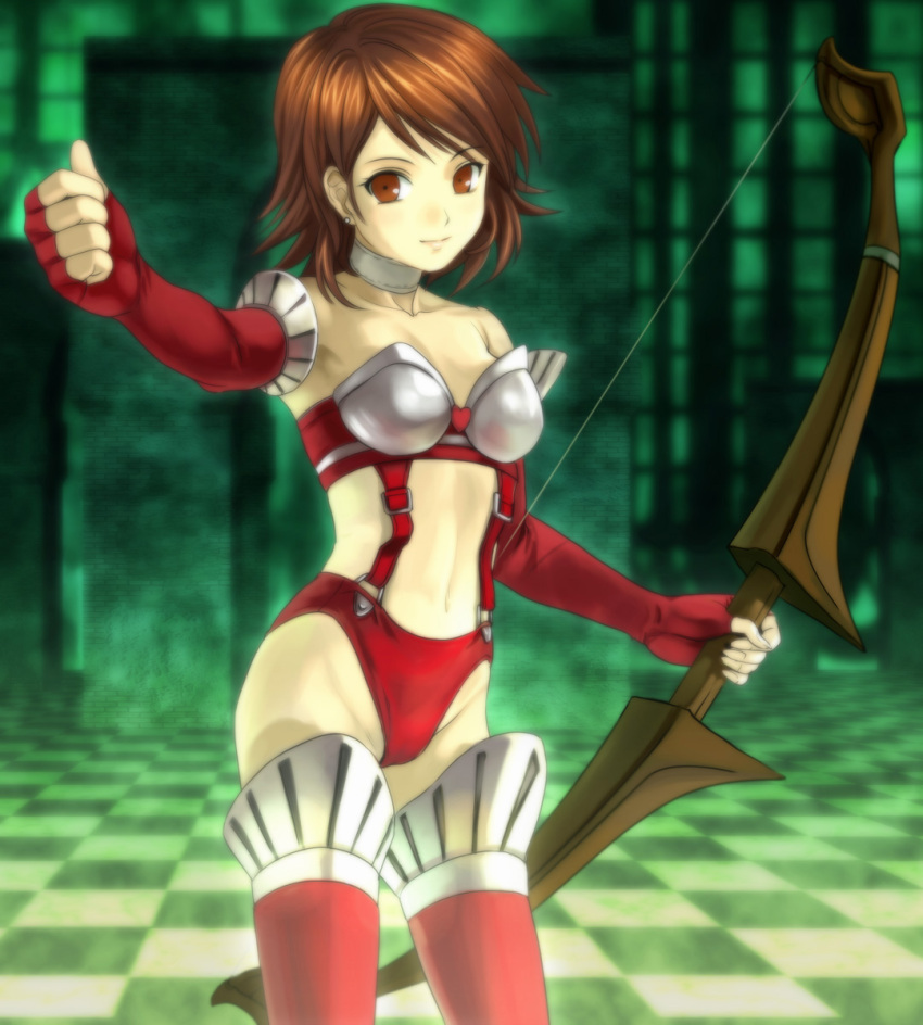 1girl alternate_costume atlus bare_shoulders boots bow_(weapon) brown_eyes brown_hair choker elbow_gloves fingerless_gloves gloves heart high-cut_armor highres megami_tensei mutsuki_(moonknives) panties persona persona_3 shin_megami_tensei short_hair skinny smile solo suspenders takeba_yukari thigh-highs thigh_boots thumbs_up underwear weapon