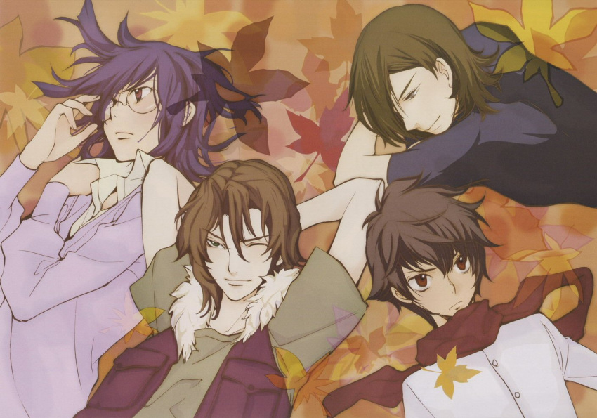 4boys allelujah_haptism arms_up black_hair blush brown_hair closed_mouth from_above fur_trim gundam gundam_00 kouga_yun lockon_stratos long_hair looking_to_the_side lying multiple_boys official_art on_back on_stomach scan scarf setsuna_f_seiei shirt smile t-shirt tieria_erde upper_body vest violet_eyes yun_kouga