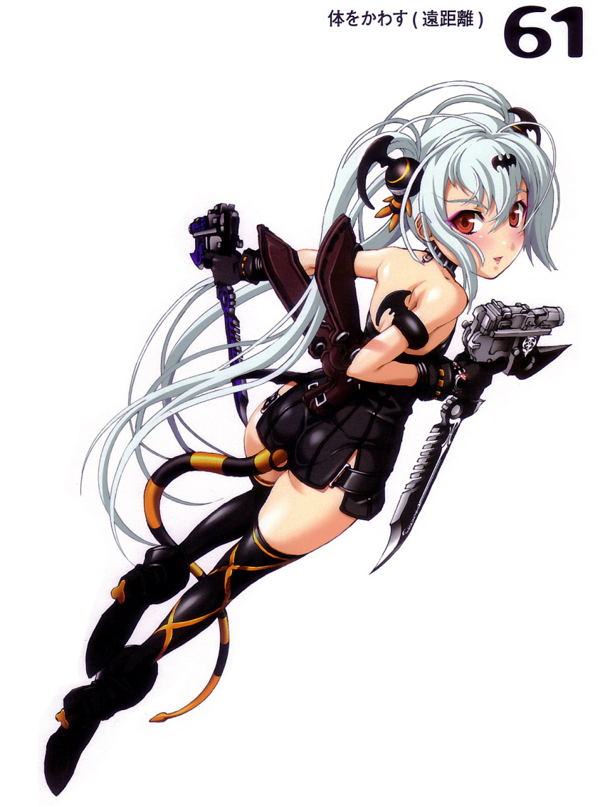 1girl albino alice_(queen's_gate) dagger from_behind full_body gun highres looking_back nishii_(nitroplus) nitroplus queen's_blade queen's_gate red_eyes simple_background solo tail thigh-highs weapon white_hair