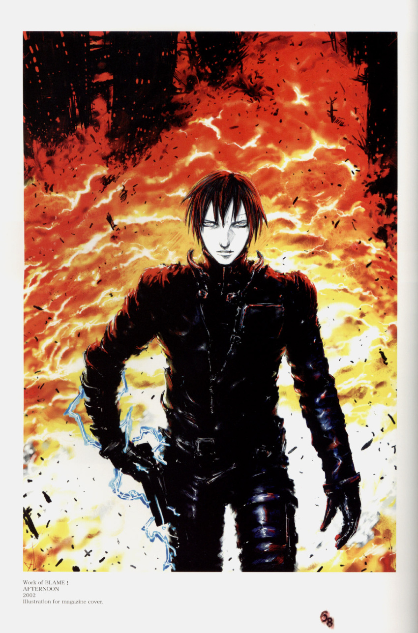00s 1boy 2002 black_hair blame! blame_and_so_on debris electricity explosion gun highres killy male_focus nihei_tsutomu page_number pale_skin solo weapon white_eyes