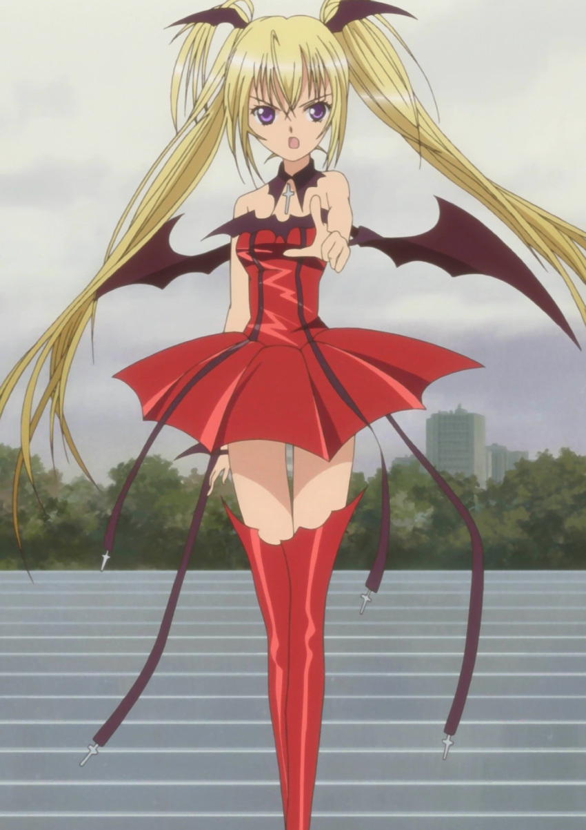 angry bare_shoulders bat_wings blonde_hair boots cross flat_chest gothic head_wings highres hoshina_utau long_hair lunatic_charm pointing ribbon screencap shugo_chara! skirt stitched thigh-highs thigh_boots twintails very_long_hair violet_eyes wings zettai_ryouiki