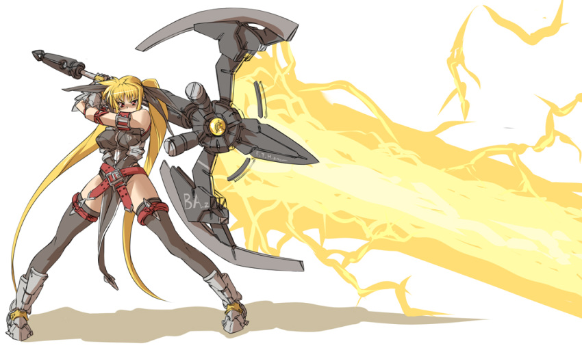 1girl adapted_costume alternate_weapon angry armor bardiche blonde_hair breasts energy_sword fate_testarossa gauntlets huge_weapon large_breasts long_hair lyrical_nanoha mahou_shoujo_lyrical_nanoha mahou_shoujo_lyrical_nanoha_a's mahou_shoujo_lyrical_nanoha_strikers nekomamire red_eyes solo sword thigh-highs twintails very_long_hair weapon