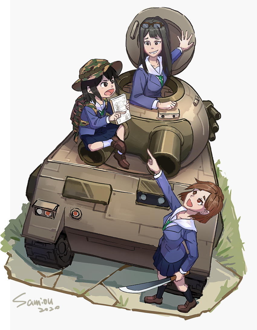 3girls :d absurdres artist_name asakusa_midori backpack bag black_hair blue_skirt brown_footwear brown_hair dated eizouken_ni_wa_te_wo_dasu_na! eyewear_on_head girls_und_panzer green_neckwear ground_vehicle hat highres kanamori_sayaka long_hair long_sleeves machete military military_hat military_vehicle mizusaki_tsubame motor_vehicle multiple_girls open_mouth outdoors samiou school_uniform sitting skirt smile socks tank white_background