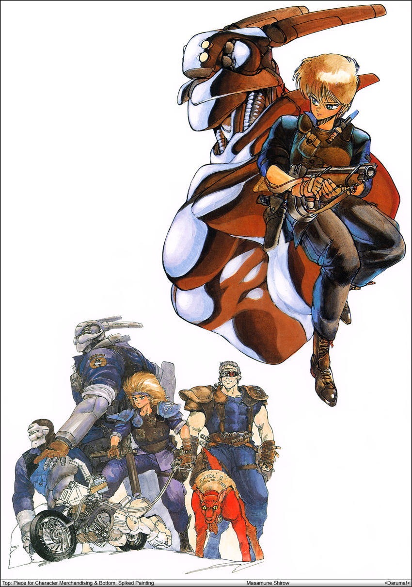 1girl 3boys 80s appleseed briareos_hecatonchires deunan_knute highres intron_depot multiple_boys oldschool robot_ears shirou_masamune