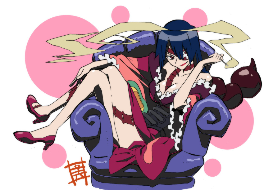 1girl adiane bare_shoulders blue_hair breasts cigarette cleavage corset dress eyepatch highres isoroku legs lipstick long_hair makeup scorpion_tail smoking solo tail tattoo tengen_toppa_gurren_lagann