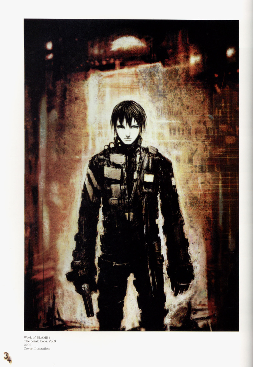 1boy black_gloves black_hair blame! blame_and_so_on bodysuit closed_mouth expressionless gloves grey_eyes gun handgun highres holding holding_weapon killy looking_at_viewer male_focus nihei_tsutomu pistol solo standing uniform weapon