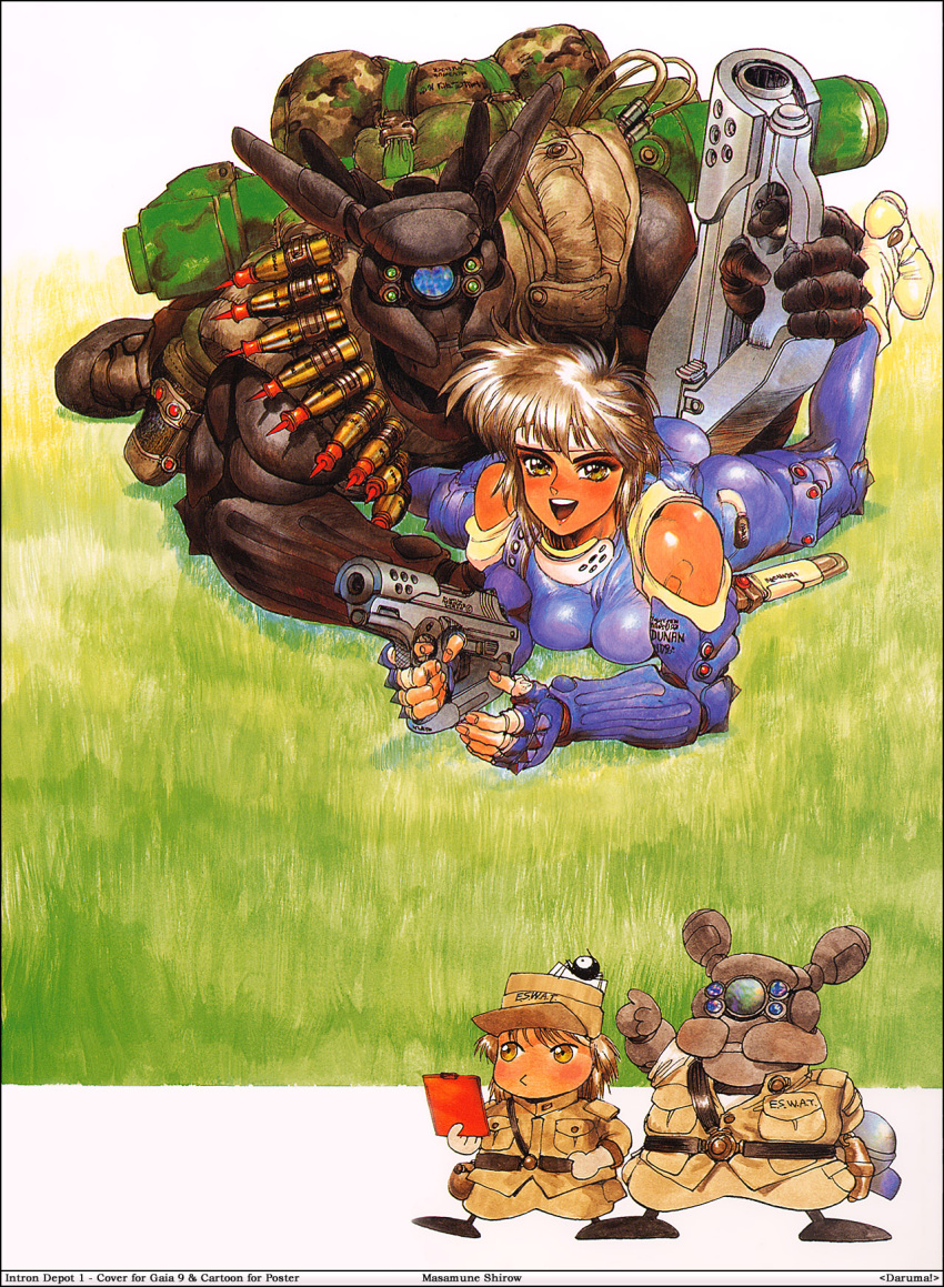 1girl 80s appleseed ass bare_shoulders bodysuit boots breasts briareos_hecatonchires brown_eyes brown_hair chibi deunan_knute fingerless_gloves gloves grass gun happy highres intron_depot large_breasts lying military military_uniform oldschool on_stomach rifle shirou_masamune short_hair tan uniform weapon