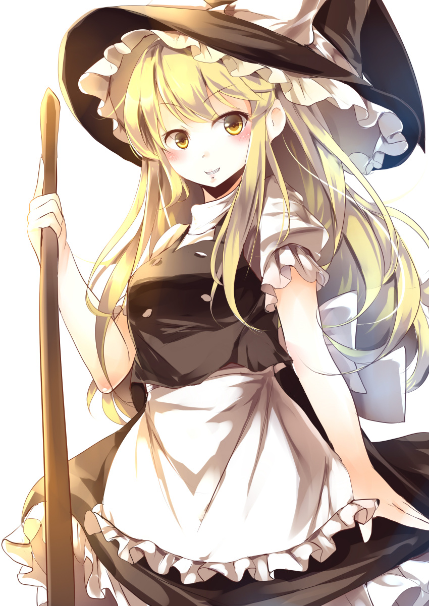 absurdres apron black_dress blonde_hair blush dress eyebrows_visible_through_hair frilled_dress frills hat highres kanzakietc kirisame_marisa long_hair looking_at_viewer puffy_sleeves short_sleeves smile solo touhou waist_apron witch_hat yellow_eyes