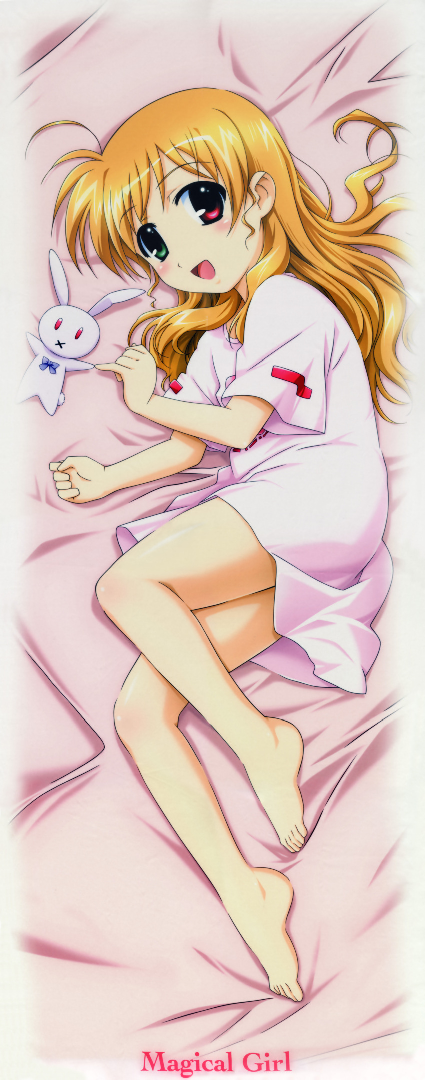 1girl :d :x absurdres ahoge alternate_hairstyle bangs bare_legs barefoot bed_sheet blush bow dakimakura english feet flat_chest from_above from_side full_body green_eyes hair_down happy heterochromia highres incredibly_absurdres indoors long_hair long_image looking_at_viewer lyrical_nanoha mahou_shoujo_lyrical_nanoha mahou_shoujo_lyrical_nanoha_strikers official_art okuda_yasuhiro on_bed open_mouth orange_hair pajamas red_eyes scan shiny shiny_hair short_sleeves smile solo stuffed_animal stuffed_bunny stuffed_toy tall_image vivio
