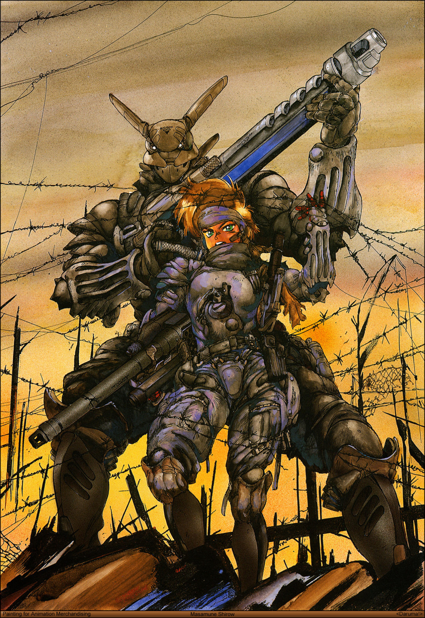 1boy 1girl 80s appleseed armor barbed_wire briareos_hecatonchires cannon couple cyberpunk cyborg deunan_knute headset hetero highres intron_depot official_art oldschool promotional_art robot_ears science_fiction shirou_masamune