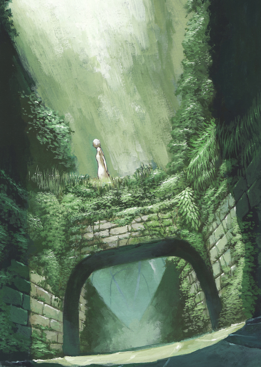 1girl chomoran green highres ico nature overgrown paint_(medium) scenery solo traditional_media yorda