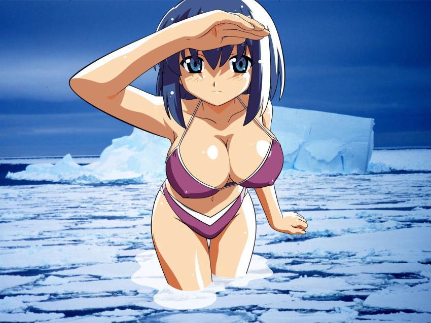 00s 1girl arm_up armpits bare_shoulders bikini blue_eyes blue_hair breasts cleavage collarbone curvy erect_nipples female highres hips huge_breasts ice iceberg jpeg_artifacts kokubunji_koyori large_breasts long_hair navel nipples nurse_witch_komugi-chan photoshop purple_bikini scan shading_eyes short_hair sky smile solo swimsuit wallpaper watanabe_akio water wet