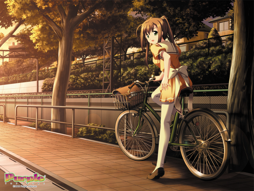 00s 1girl 2005 ahoge alto alto_(game) bag bangs bicycle bow brown_hair brown_shoes building bush chain-link_fence company_name dress fence from_behind green_eyes highres iwasaki_kouji jast leg_up lens_flare long_hair looking_at_viewer looking_back open_mouth orange_dress outdoors pantyhose pavement plant puffy_short_sleeves puffy_sleeves railing railroad_tracks sailor_dress satchel school_bag school_uniform serafuku shoes short_dress short_sleeves sidelocks sidewalk sitting smile solo sunlight sunset tachibana_megumi town tree twintails wall wallpaper white_bow white_legwear