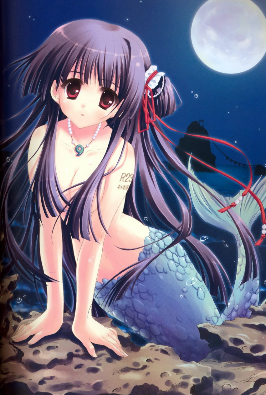 1girl arm_support barcode blush breast_squeeze breasts cleavage full_moon hair_ornament hair_over_breasts highres jewelry kneeling long_hair looking_at_viewer magatama mermaid monster_girl moon narrow_waist necklace night nude ocean parted_lips pearl_necklace purple_hair red_eyes rock ryouka_(suzuya) scales scan solo topless torii v_arms very_long_hair water_drop