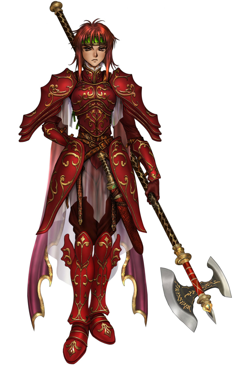 1girl angry armor axe closed_mouth female fire_emblem fire_emblem:_mystery_of_the_emblem fire_emblem_mystery_of_the_emblem fire_emblem_shadow_dragon full_armor full_body gloves halberd headband highres holding holding_weapon masamune_shirow minerva_(fire_emblem) official_art polearm red_eyes red_hair redhead sheathed shirou_masamune shirow_masamune short_hair simple_background solo standing sword weapon white_background