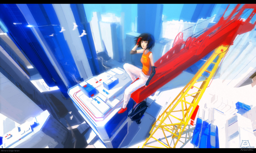 bad_id bird black_hair blue_eyes city cityscape faith_(mirror's_edge) faith_(mirror's_edge) fingerless_gloves foreshortening gloves mirror's_edge mirror's_edge perspective rooftop scenery short_hair sitting tattoo