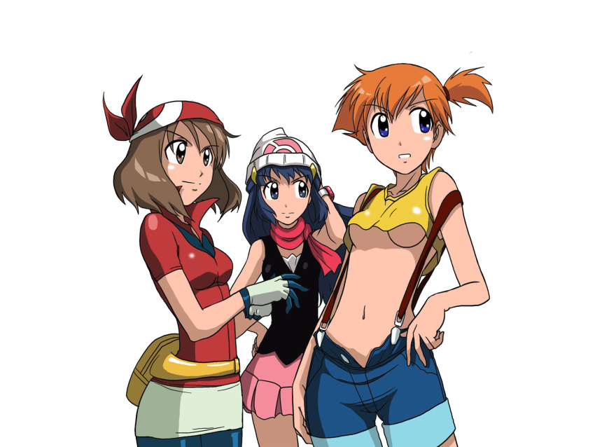 3girls breasts haruka_(pokemon) hat highres hikari_(pokemon) kakkii kasumi_(pokemon) midriff multiple_girls navel pokemon suspenders under_boob underboob