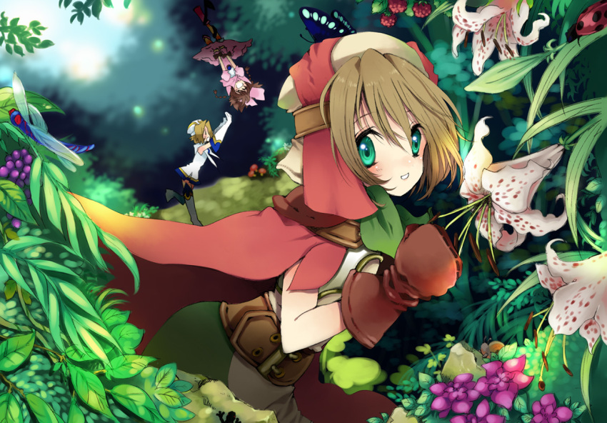 boots braid brown_hair butterfly cape dragonfly flower gloves green_eyes hat ladybug lily_(flower) minigirl mushroom nature rugo smile snail tareme twin_braids