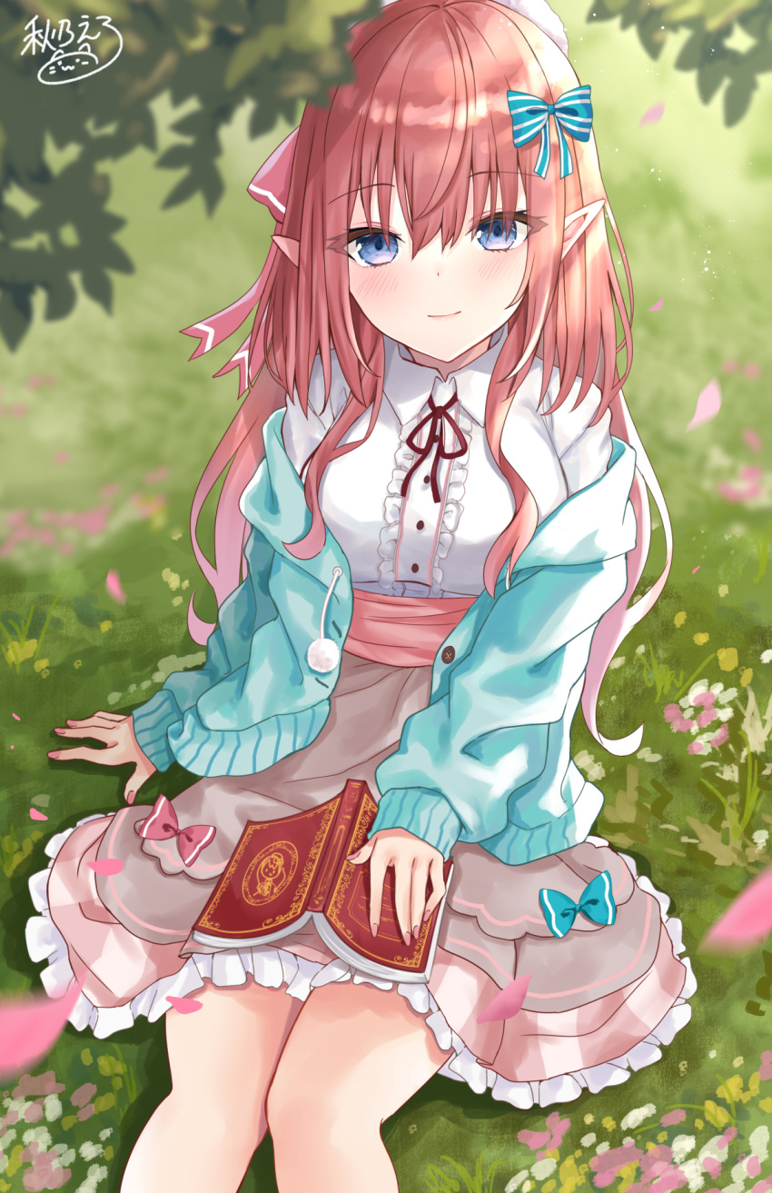 1girl akino_ell bangs blue_eyes blue_jacket blush book breasts brown_hair brown_skirt center_frills closed_mouth collared_shirt commentary_request day eyebrows_visible_through_hair frilled_skirt frills grass hair_between_eyes hana_flores highres jacket long_hair long_sleeves looking_at_viewer medium_breasts nail_polish neck_ribbon off_shoulder on_grass open_book open_clothes open_jacket outdoors petals pink_nails pointy_ears production_kawaii red_ribbon ribbon shirt sitting skirt sleeves_past_wrists smile solo very_long_hair virtual_youtuber white_shirt