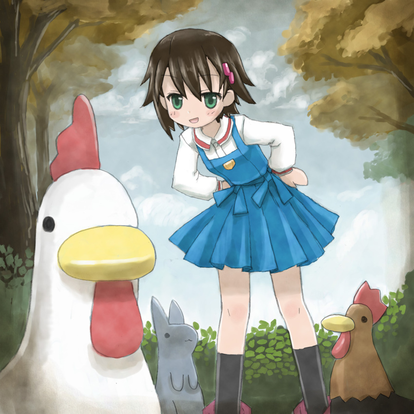 1girl bird brown_hair chicken highres isurugi_noe jibeta rabbit raigomaru short_hair true_tears zakone