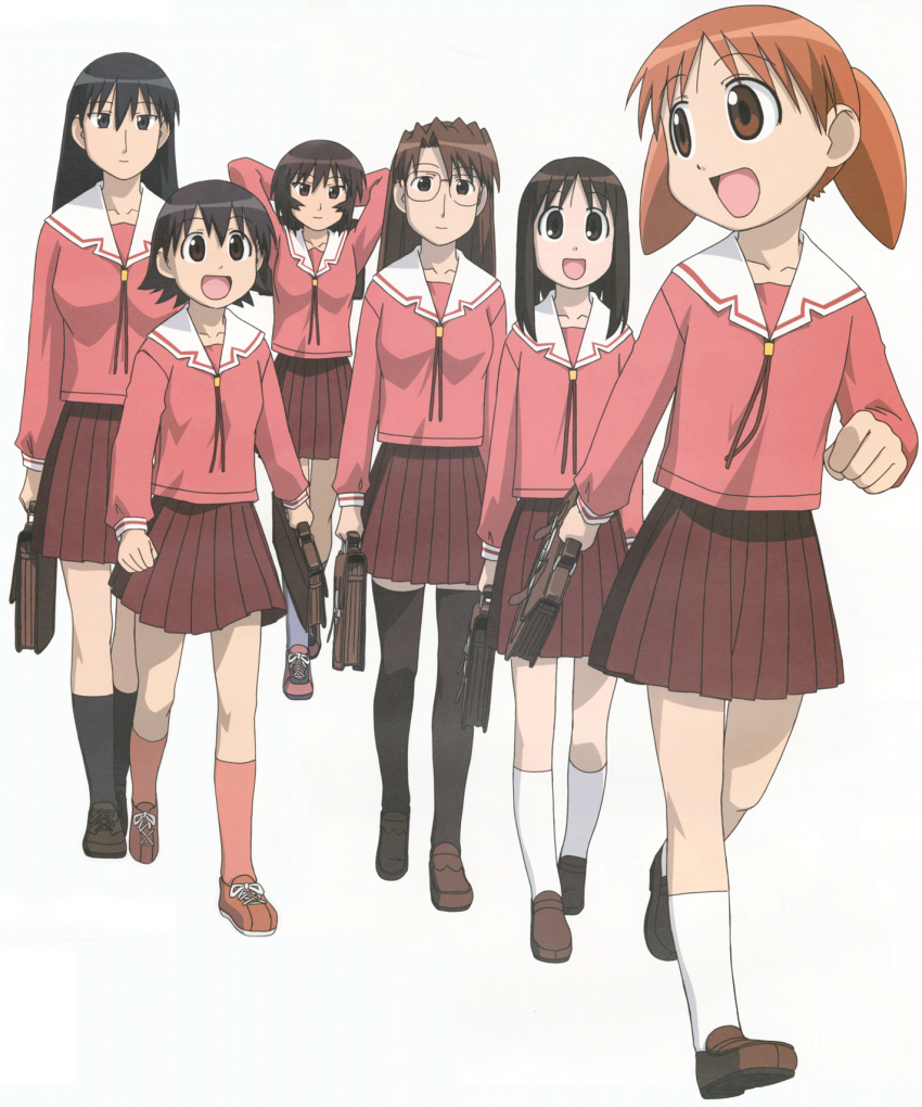 6+girls azumanga_daioh bag black_hair brown_eyes brown_hair child glasses highres kagura kagura_(azumanga_daiou) kasuga_ayumu legwear long_hair mihama_chiyo mizuhara_koyomi multiple_girls official_art orange_hair sakaki scan school_bag school_uniform serafuku short_twintails takino_tomo thigh-highs twintails