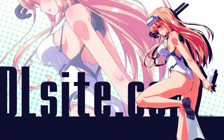 1girl arms_behind_back blush bottle dille_blood diving_mask dlsite.com flippers highres legs long_hair long_legs looking_back one-piece_swimsuit open_mouth orange_hair refeia rumblefish scuba shadow snorkel solo standing standing_on_one_leg swimsuit thighs wallpaper water_bottle wet zoom_layer