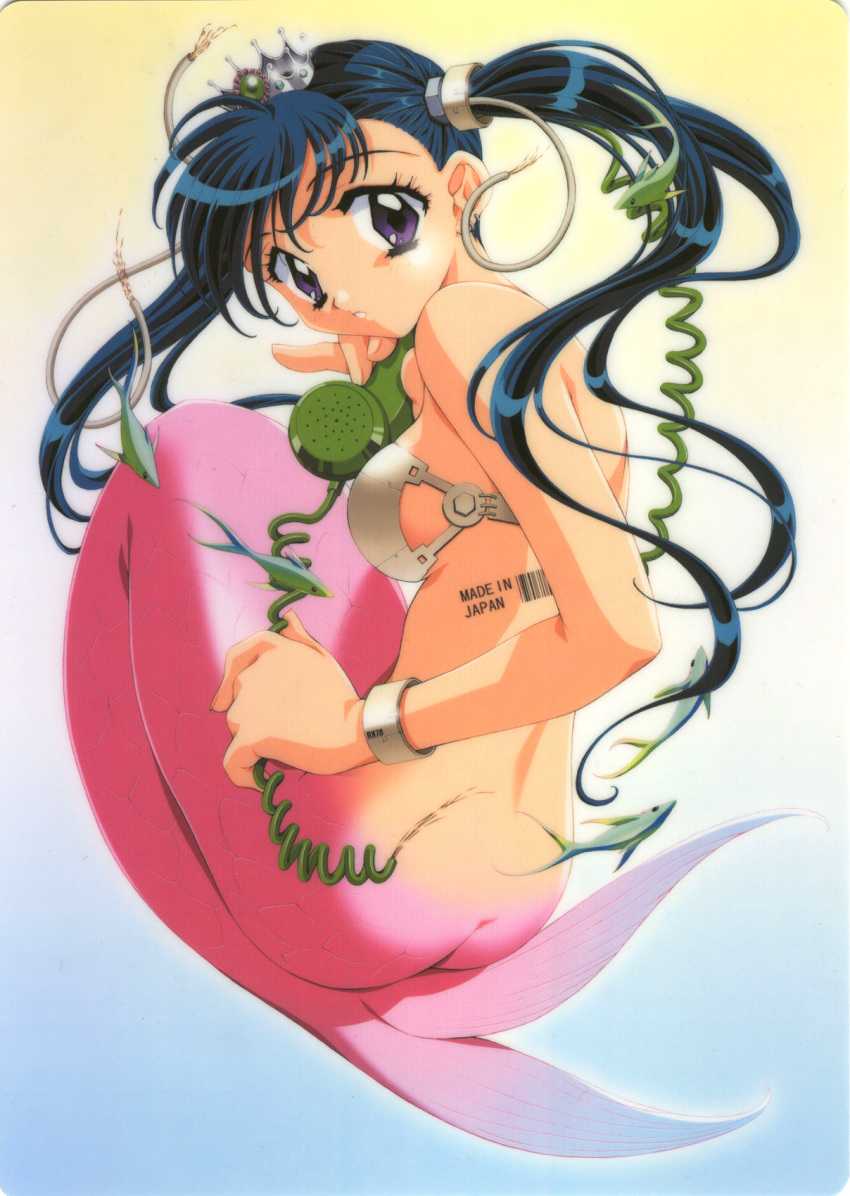 1girl 90s ass back barcode bikini_top black_hair blue_hair bracelet breasts cable corded_phone crown cyborg earrings fish from_behind gradient gradient_background hat highres jewelry kadoi_aya long_hair looking_at_viewer looking_back mermaid monster_girl parted_lips phone rounded_corners scan sideboob solo twintails violet_eyes wire