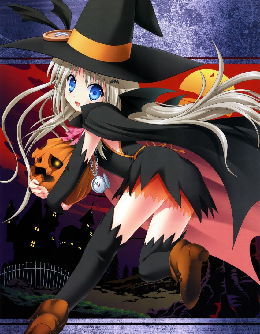 1girl absurdres arm_warmers bat_wings black_legwear blue_eyes buttons cape fang halloween hat hat_ribbon highres huge_filesize jack-o'-lantern large_buttons little_busters!! long_hair na-ga noumi_kudryavka oversized_button pocket_watch pumpkin ribbon silver_hair solo thigh-highs watch wings witch_hat