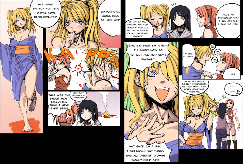 1boy 2girls anger_vein archvermin blonde_hair blood blush breasts bruise cleavage closed_eyes comic english genderswap genderswap_(mtf) hair_flip hand_on_another's_shoulder hand_to_own_mouth haruno_sakura hyuuga_hinata injury large_breasts left-to-right_manga multiple_girls naruko naruto nosebleed off_shoulder pink_hair pointing profile punching short_twintails truth twintails uzumaki_naruto