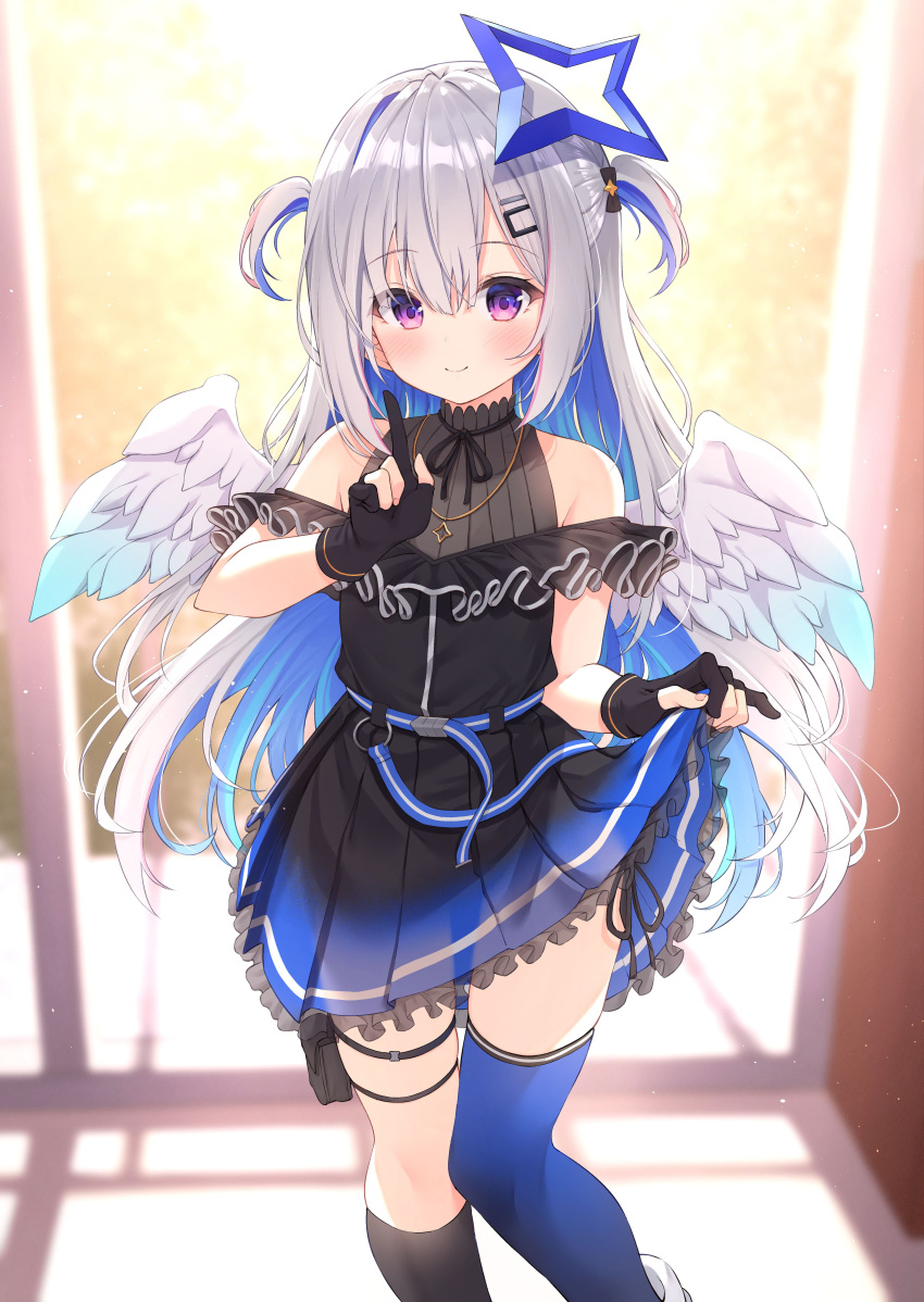 1girl absurdres amane_kanata asymmetrical_legwear bangs bare_shoulders black_dress black_gloves black_legwear blue_hair blue_legwear blurry blurry_background blush closed_mouth clothes_lift commentary_request depth_of_field dress dress_lift eyebrows_visible_through_hair feathered_wings feet_out_of_frame frilled_dress frills gloves grey_hair grey_shirt hair_between_eyes hair_ornament hairclip hand_up highres hololive index_finger_raised kneehighs lifted_by_self mismatched_legwear multicolored_hair off-shoulder_dress off_shoulder panties partially_fingerless_gloves pleated_dress shirt side-tie_panties single_kneehigh single_thighhigh sleeveless sleeveless_shirt smile solo standing standing_on_one_leg thigh-highs two-tone_hair two_side_up underwear violet_eyes virtual_youtuber white_wings wings xue_lu