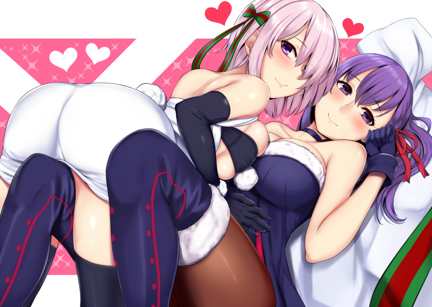 2girls ass back bangs bare_shoulders between_legs black_legwear blue_boots blue_dress blue_gloves blush boots bow breast_press breasts brown_legwear choker christmas closed_mouth collarbone cosplay dress elbow_gloves eyelashes fate/grand_order fate_(series) fur-lined_boots fur_trim gloves hair_bow hair_over_one_eye hair_ribbon head_tilt heart highres jeanne_alter jeanne_alter_(santa_lily)_(fate) jeanne_alter_(santa_lily)_(fate)_(cosplay) knees_up large_breasts leaning_back leaning_on_person long_hair looking_at_viewer matou_sakura multiple_girls one_eye_covered oogatazin pantyhose pom_pom_(clothes) purple_hair red_ribbon ribbon ruler_(fate/apocrypha) saber saber_alter sack santa_alter santa_alter_(cosplay) shielder_(fate/grand_order) shiny shiny_hair short_hair sideboob silver_hair sitting skindentation smile strapless strapless_dress symmetrical_docking thigh-highs thigh_boots tubetop under_boob violet_eyes wrist_cuffs
