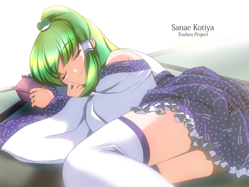 1girl female highres kochiya_sanae sleeping solo thigh-highs touhou yamaguchi_takashi yamaguchi_yuu