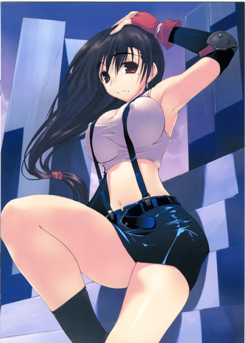 1girl absurdres amazuyu_tatsuki arm_up armpits bangs belt black_hair black_legwear breasts brown_eyes closed_mouth clouds cosplay crop_top detached_sleeves elbow_pads erect_nipples final_fantasy final_fantasy_vii fingerless_gloves floating_hair from_side genshiken gloves hair_between_eyes hand_on_own_head highres knee_up large_breasts light_smile long_hair looking_at_viewer low-tied_long_hair midriff miniskirt mole mole_under_eye mole_under_mouth oono_kanako outdoors pencil_skirt scan scrunchie shadow shiny shiny_clothes sitting skirt sky smile socks solo stairs suspender_skirt suspenders tank_top taut_clothes thighs tied_hair tifa_lockhart tifa_lockhart_(cosplay) very_long_hair