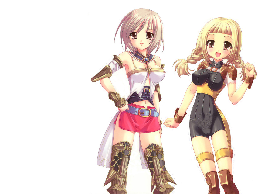 2girls :d ashelia_b'nargin_dalmasca blonde_hair blush bodysuit boots braid brown_boots brown_eyes brown_hair contrapposto final_fantasy final_fantasy_xii hand_on_hip highres looking_at_viewer multiple_girls open_mouth penelo short_hair simple_background skin_tight smile standing thigh-highs twin_braids white_background