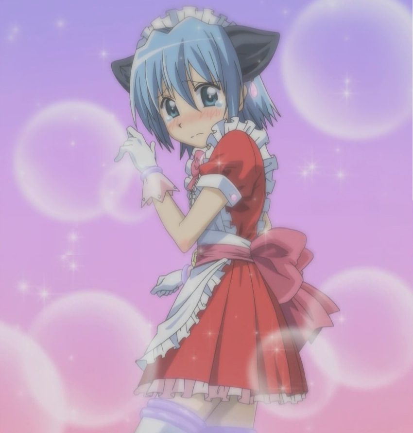 1boy animal_ears apron ayasaki_hayate blue_eyes blue_hair blush cat_ears crossdressinging gloves hayate_no_gotoku! highres maid maid_apron male_focus screencap short_hair solo stitched tears thigh-highs trap white_gloves zettai_ryouiki