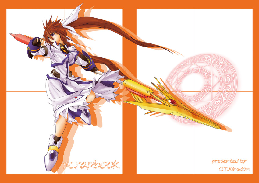 1girl :o ankle_boots boots border fingerless_gloves full_body gloves hair_ribbon jacket lance long_hair long_sleeves looking_at_viewer lyrical_nanoha magazine_(weapon) magic_circle magical_girl mahou_shoujo_lyrical_nanoha mahou_shoujo_lyrical_nanoha_strikers octagram open_clothes open_jacket open_mouth polearm raising_heart redhead ribbon simple_background solo spar takamachi_nanoha twintails uka very_long_hair violet_eyes weapon white_background white_devil white_ribbon