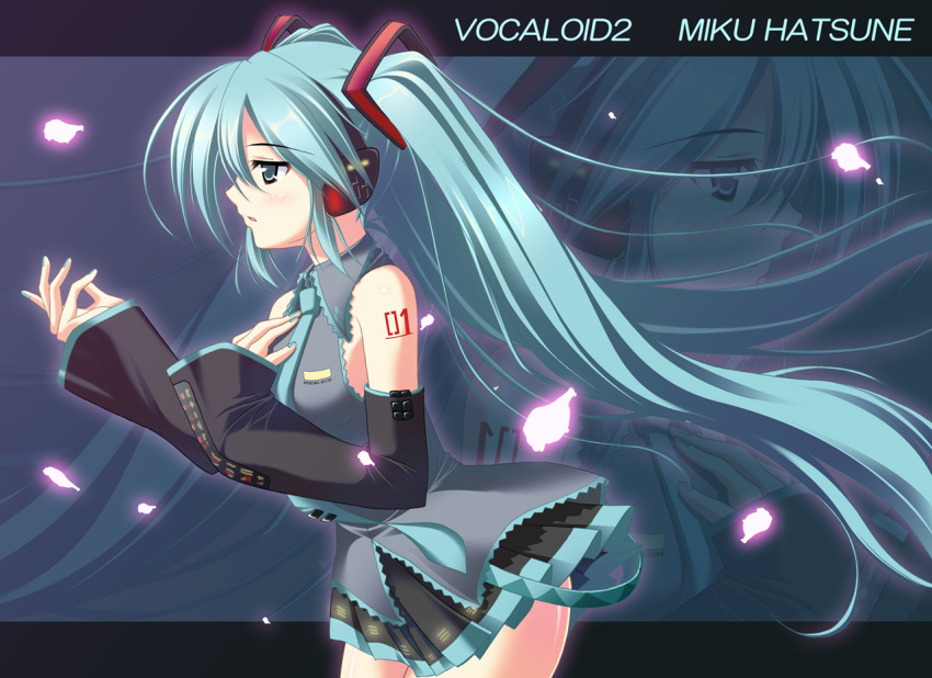 1girl :o aqua_hair bare_legs belt blush cowboy_shot detached_sleeves from_side hair_ornament hatsune_miku headgear headphones leaning_forward letterboxed miniskirt necktie number open_mouth pleated_skirt profile skirt skywaker solo standing tattoo thighs twintails vocaloid zoom_layer