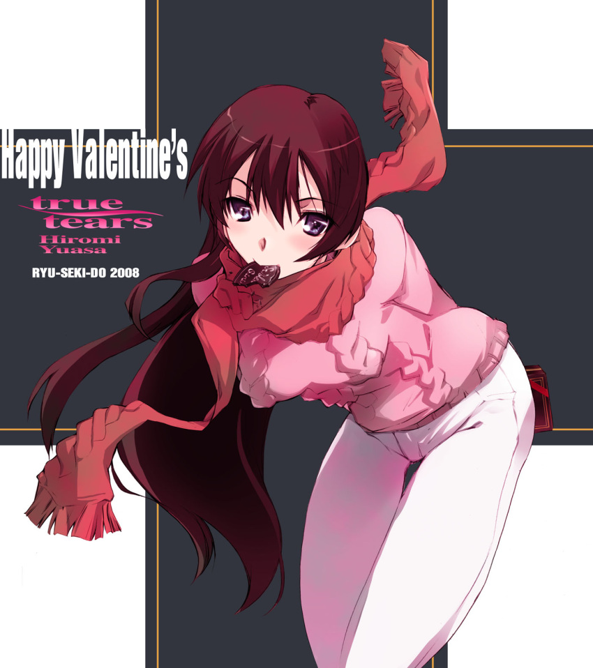 00s 1girl 2008 blush brown_hair character_name chocolate copyright_name happy_valentine highres leaning_forward long_hair mouth_hold nagare_hyougo pants red_scarf scarf solo sweater thigh_gap true_tears valentine violet_eyes yuasa_hiromi