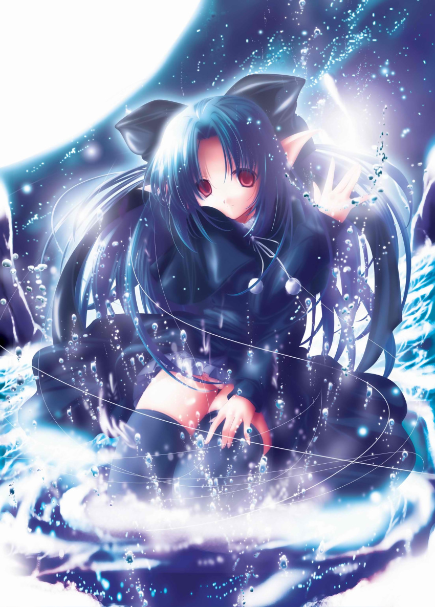 00s 1girl absurdres blue_hair full_moon highres len magic melty_blood moon pointy_ears red_eyes solo splashing thigh-highs tsukihime type-moon wading water water_drop water_droplets yukirin
