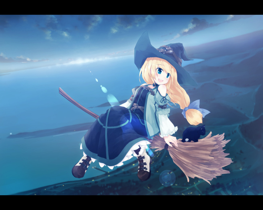 1girl :d bare_shoulders belt black_cat blonde_hair blue_eyes boots broom broom_riding cat dress fantasy from_above hat landscape lens_flare letterboxed long_hair low-tied_long_hair ocean open_mouth original sky smile solo sunrise tied_hair wallpaper witch witch_hat yukitarou_(awamori)