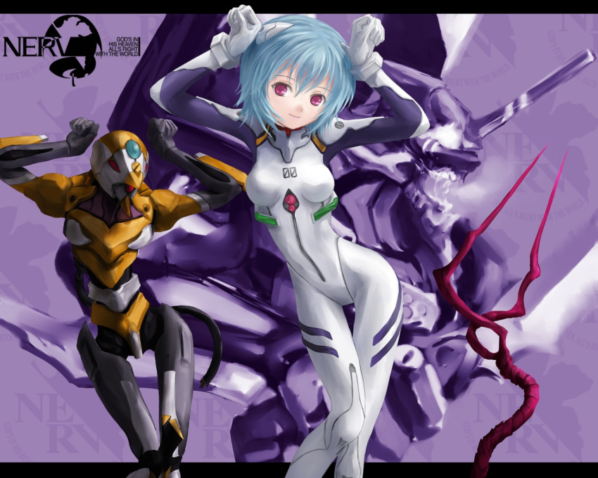 ayanami_rei bad_id blue_hair caramelldansen eva_00 eva_01 lance lance_of_longinus neon_genesis_evangelion parody phase polearm popotan red_eyes short_hair spear weapon