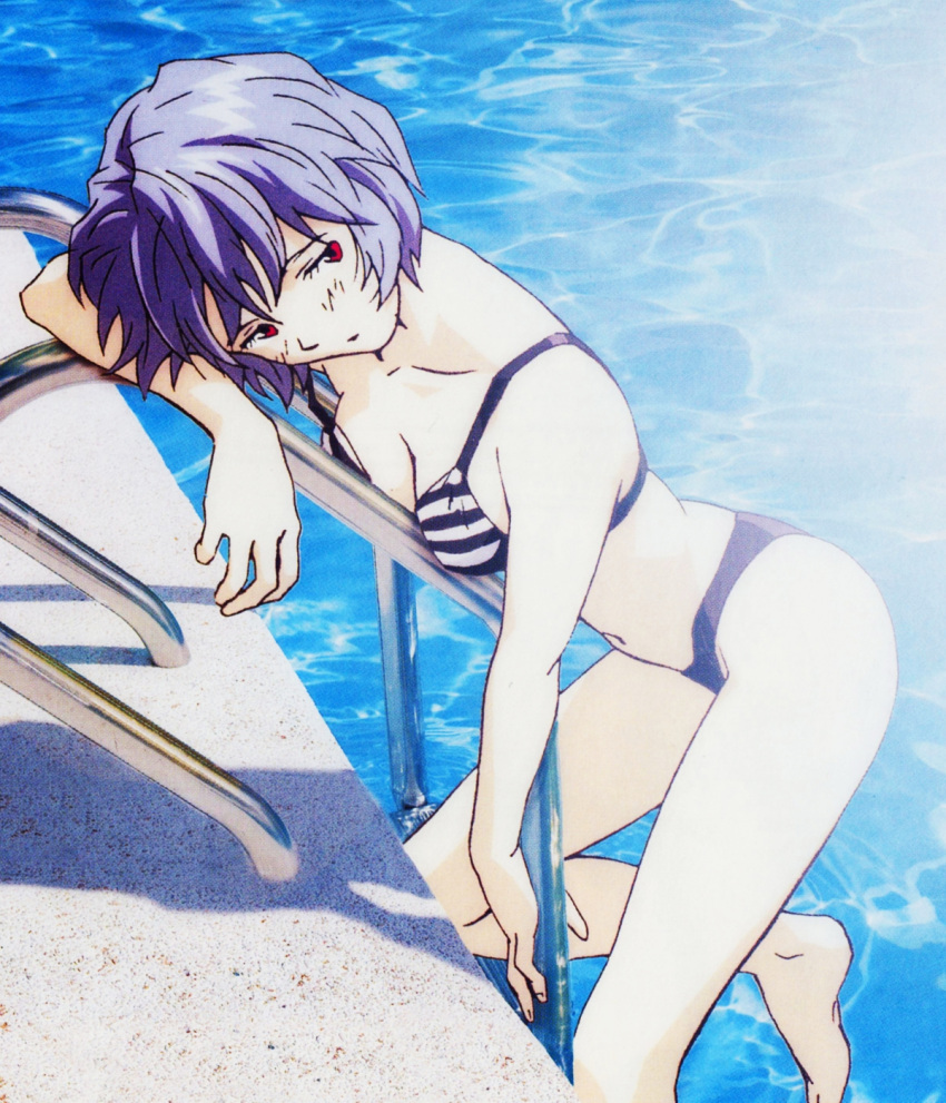 1girl ayanami_rei barefoot bikini blue_hair breast_press breasts cleavage cropped highres hiramatsu_tadashi leaning_forward navel neon_genesis_evangelion official_art pale_skin photo_background pool pool_ladder poolside red_eyes shadow short_hair small_breasts solo striped striped_bikini striped_swimsuit sunlight swimsuit