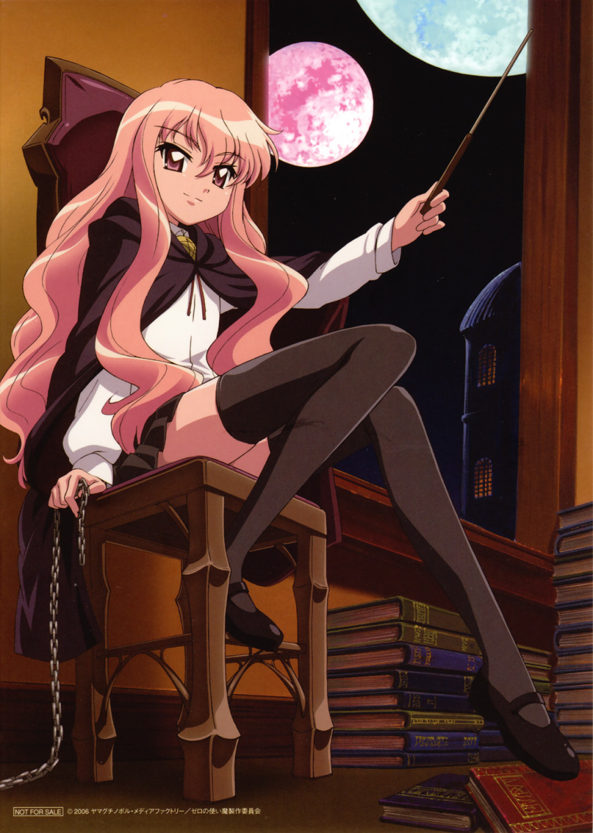 00s 1girl 2006 bangs black_legwear book cape chains chair dated flat_chest foreshortening full_moon hair_between_eyes highres holding indoors light_smile long_hair long_legs looking_at_viewer louise_francoise_le_blanc_de_la_valliere mary_janes miniskirt moon night night_sky official_art outstretched_arm pentacle pink_eyes pink_hair pleated_skirt scan school_uniform serafuku shirt shoes sidelocks sitting skirt sky smile solo thigh-highs usatsuka_eiji very_long_hair wand wavy_hair window zero_no_tsukaima zettai_ryouiki