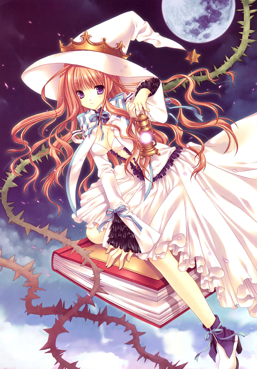 00s 1girl absurdres aquarian_age book breasts cleavage clouds crown hat highres lamp medium_breasts moon redhead solo thorns violet_eyes witch wnb_mark