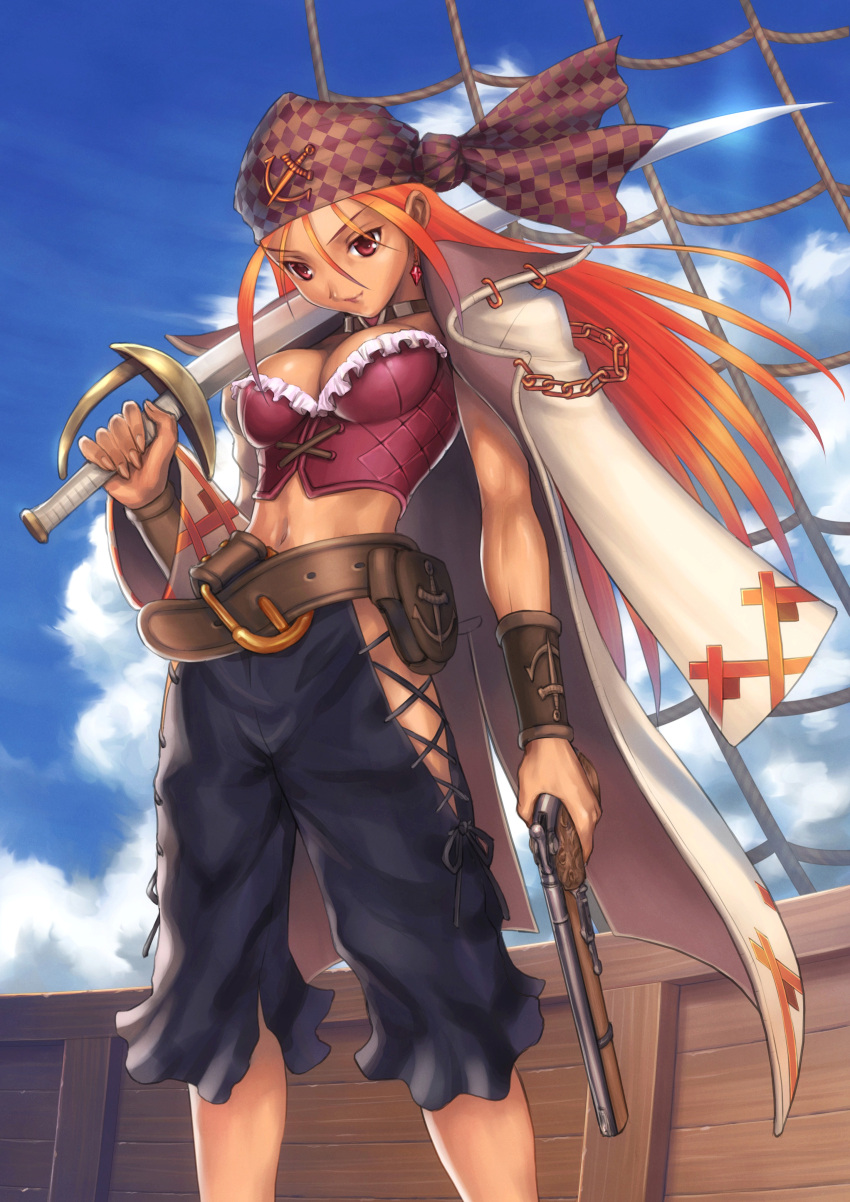 1girl absurdres antique_firearm bandanna belt breasts chains checkered choker cleavage clouds dual_wielding earrings goto_p gun handgun highres jewelry long_hair midriff orange_hair pink_eyes pirate pistol red_eyes redhead sky smile solo sword trench_coat weapon