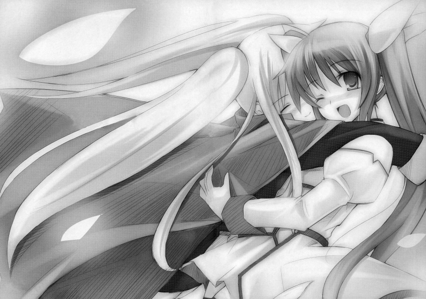 2girls ;d blush eyebrows eyebrows_visible_through_hair fate_testarossa highres juliet_sleeves long_sleeves looking_at_viewer lyrical_nanoha magical_girl mahou_shoujo_lyrical_nanoha mahou_shoujo_lyrical_nanoha_strikers monochrome multiple_girls nose_blush one_eye_closed open_mouth puffy_long_sleeves puffy_sleeves smile takamachi_nanoha twintails upper_body