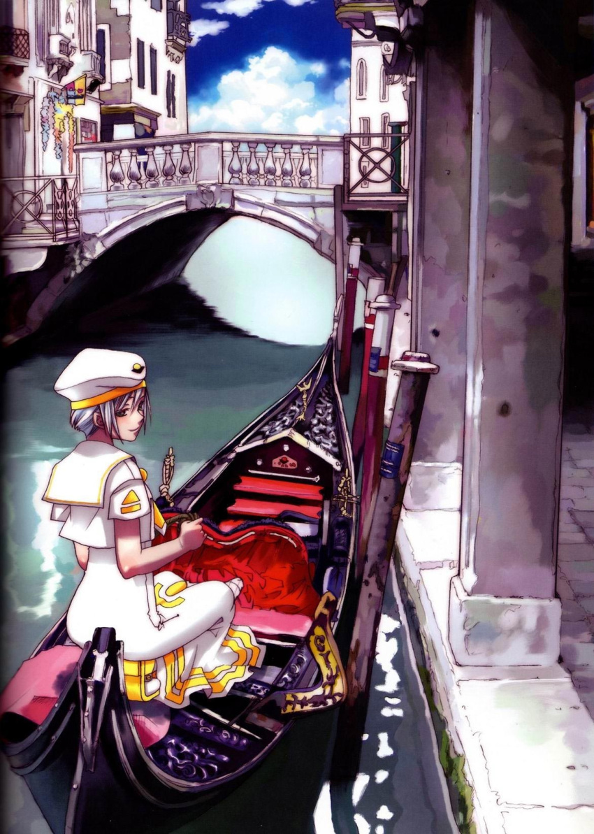 1girl amano_kozue aria athena_glory bridge clouds from_behind gondola hat highres looking_back official_art outdoors scan scenery short_hair silver_hair sitting sky smile solo uniform venezia venice water