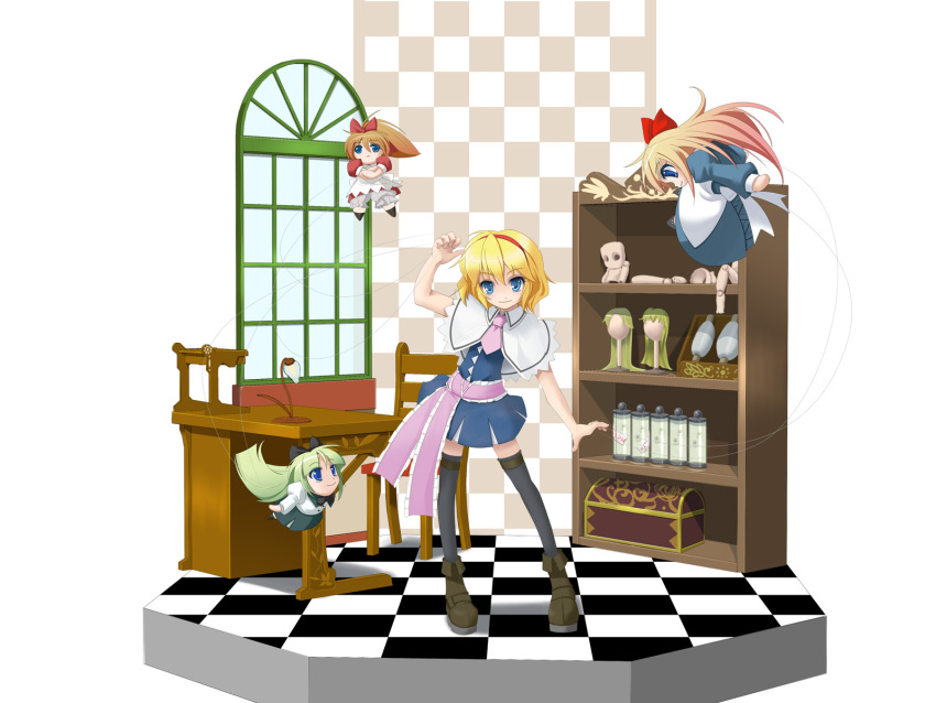 &gt;:) 1girl alice_margatroid apron arm_up bangs black_legwear blonde_hair blue_dress blue_eyes boots bow bowtie capelet chair chibi crossed_arms desk doll doll_joints dress faux_figurine female figure_stage floating frills green_hair hairband head_tilt highres hourai_doll indoors long_hair looking_at_viewer miniskirt necktie orange_hair puffy_sleeves red_dress sash shanghai_doll shirt short_hair skirt smile solo standing thigh-highs touhou very_long_hair waist_apron wallpaper wapokichi zettai_ryouiki